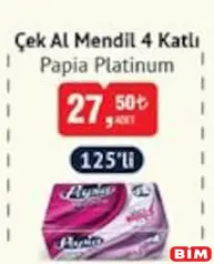 PAPİA PLATİNUM ÇEK AL MENDİL 4 KATLI 125'Lİ